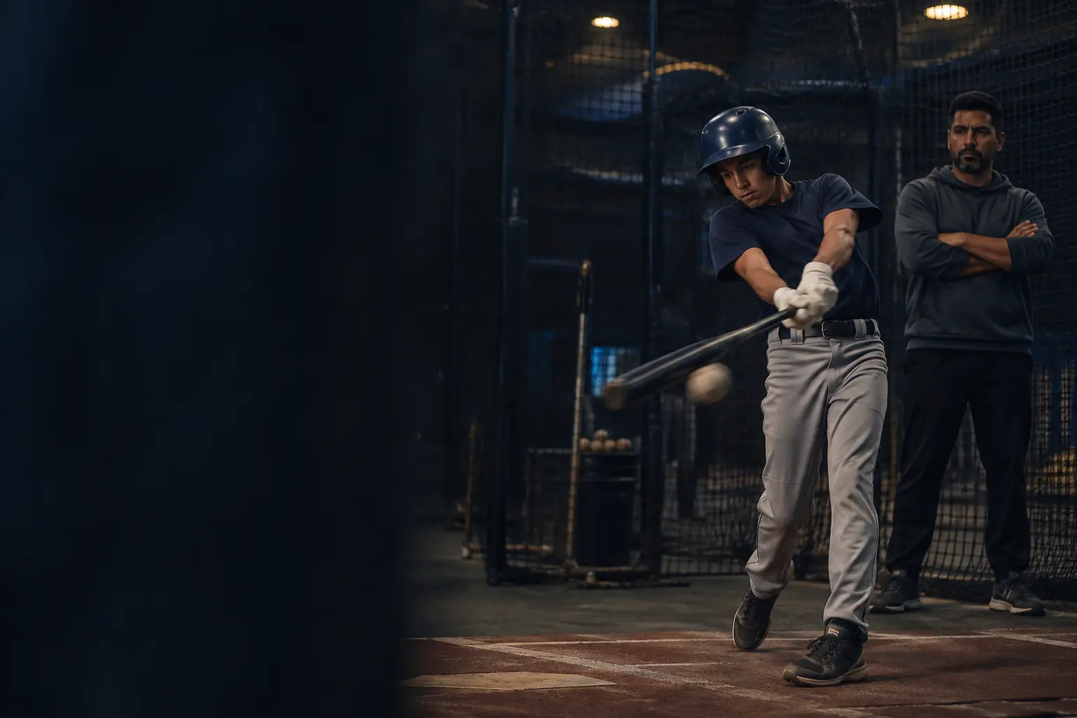 A hitter mid-swing in a batting cage while a coach watches