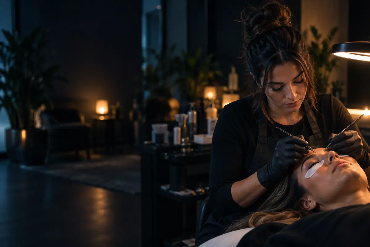 A lash artist applying extensions to a client in a softly lit studio