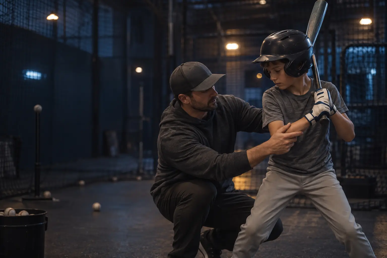 A coach adjusting a young hitter’s stance in an indoor batting cage