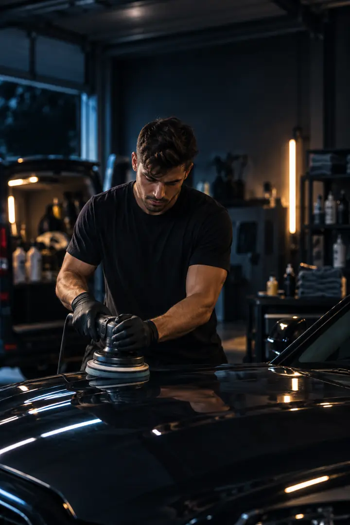 A detailer polishing the hood of a car