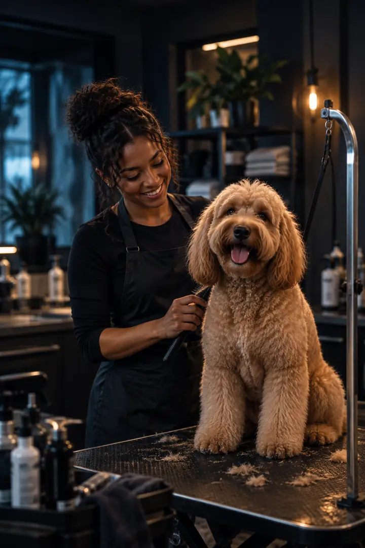A groomer with a freshly groomed doodle