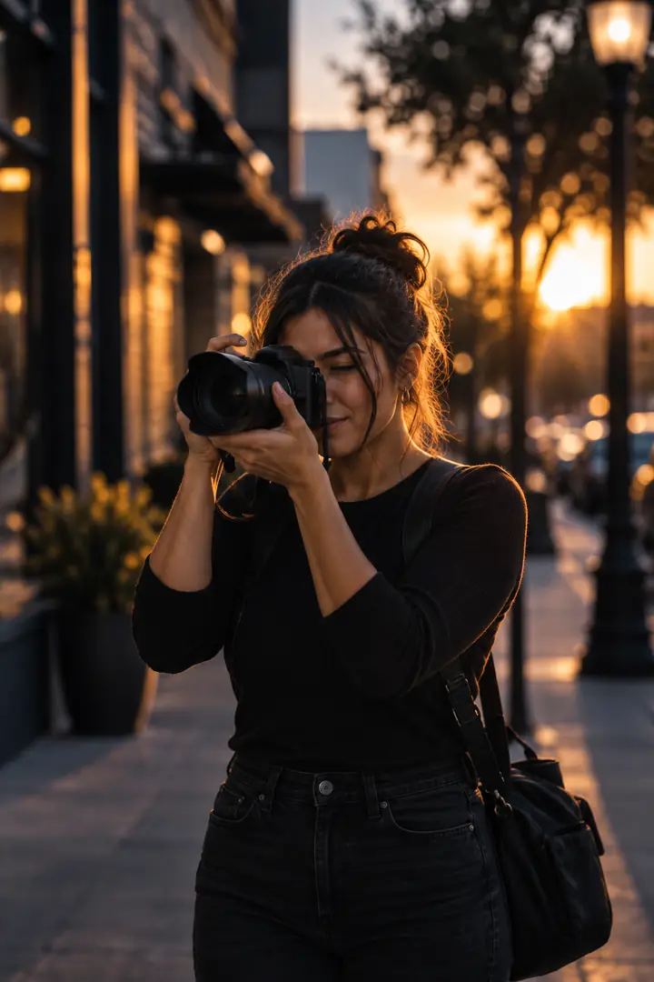 A photographer shooting on a city street at golden hour
